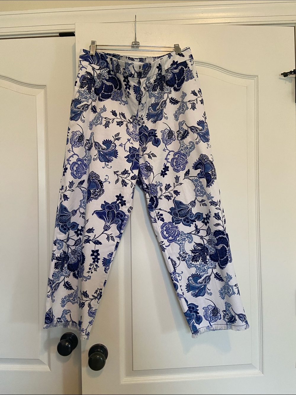 Chico's White Pants with Blue Floral Pattern